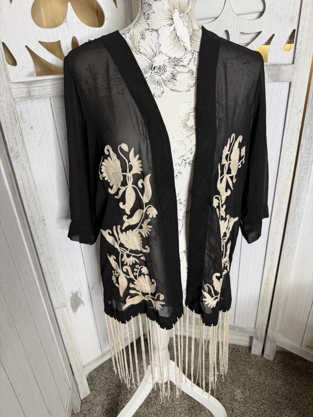 Crazy Train Western Black Sheer Fringe Floral Embroidered Southwest One Size